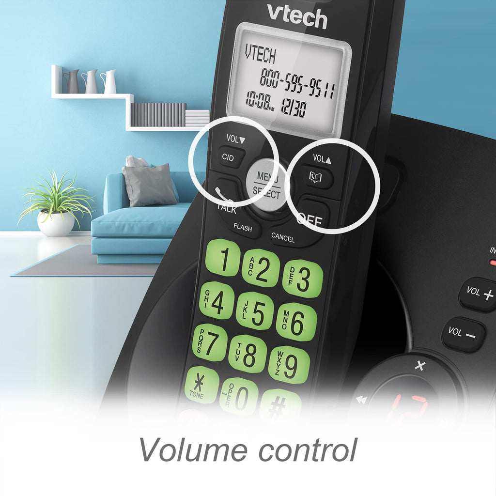 VTech VG104-11 DECT 6.0 Cordless Phone for Home with Answering Machine, Blue-White Backlit Display, Backlit Buttons, Full Duplex Speakerphone, Caller ID/Call Waiting, Reliable 1000 ft Range (Black)