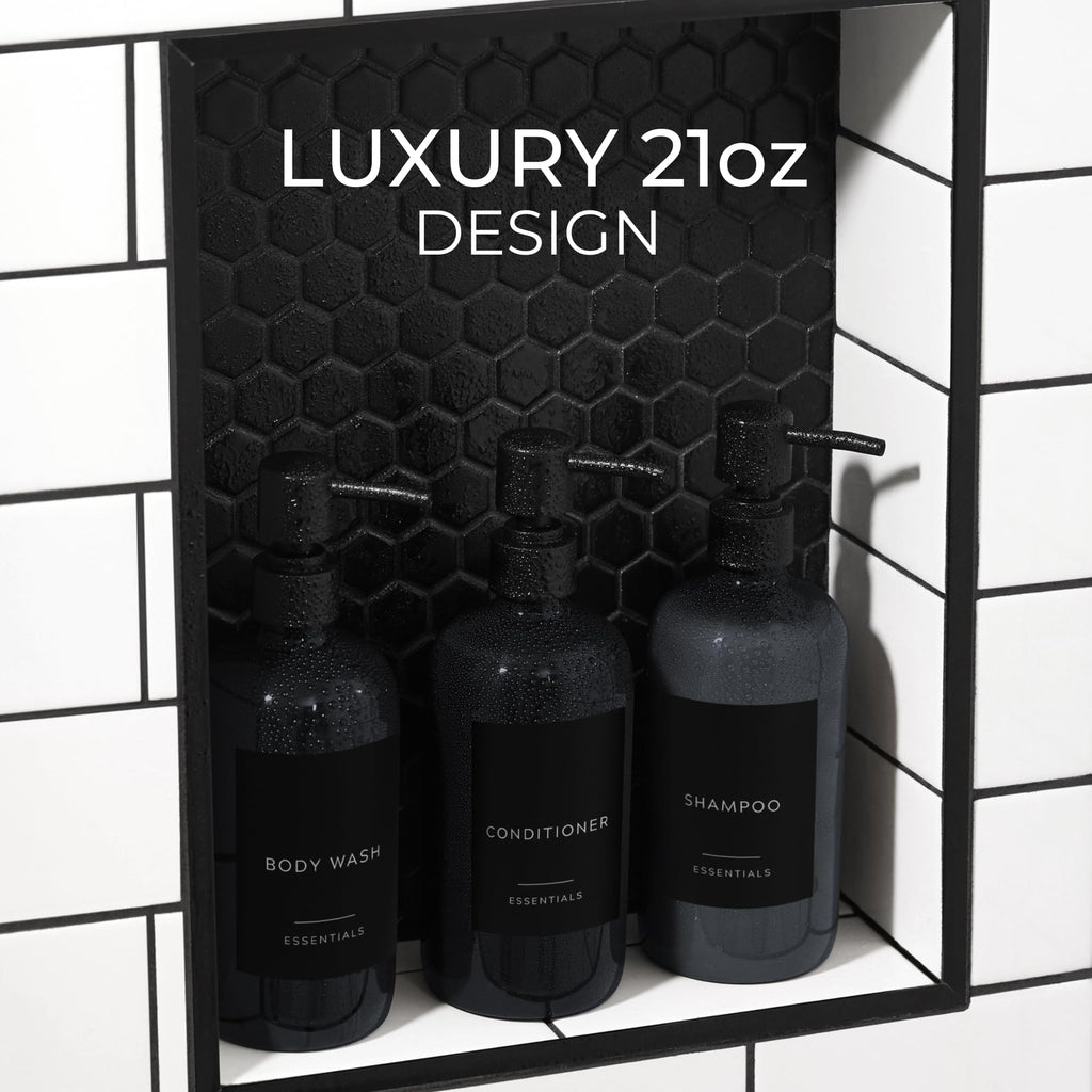 Stylish Shampoo and Conditioner Dispenser Set of 3 - Modern 21oz Shower Soap Bottles with Pump and Labels - Easy to Refill Body Wash Dispensers for an Instant Bathroom Decor Upgrade - Black