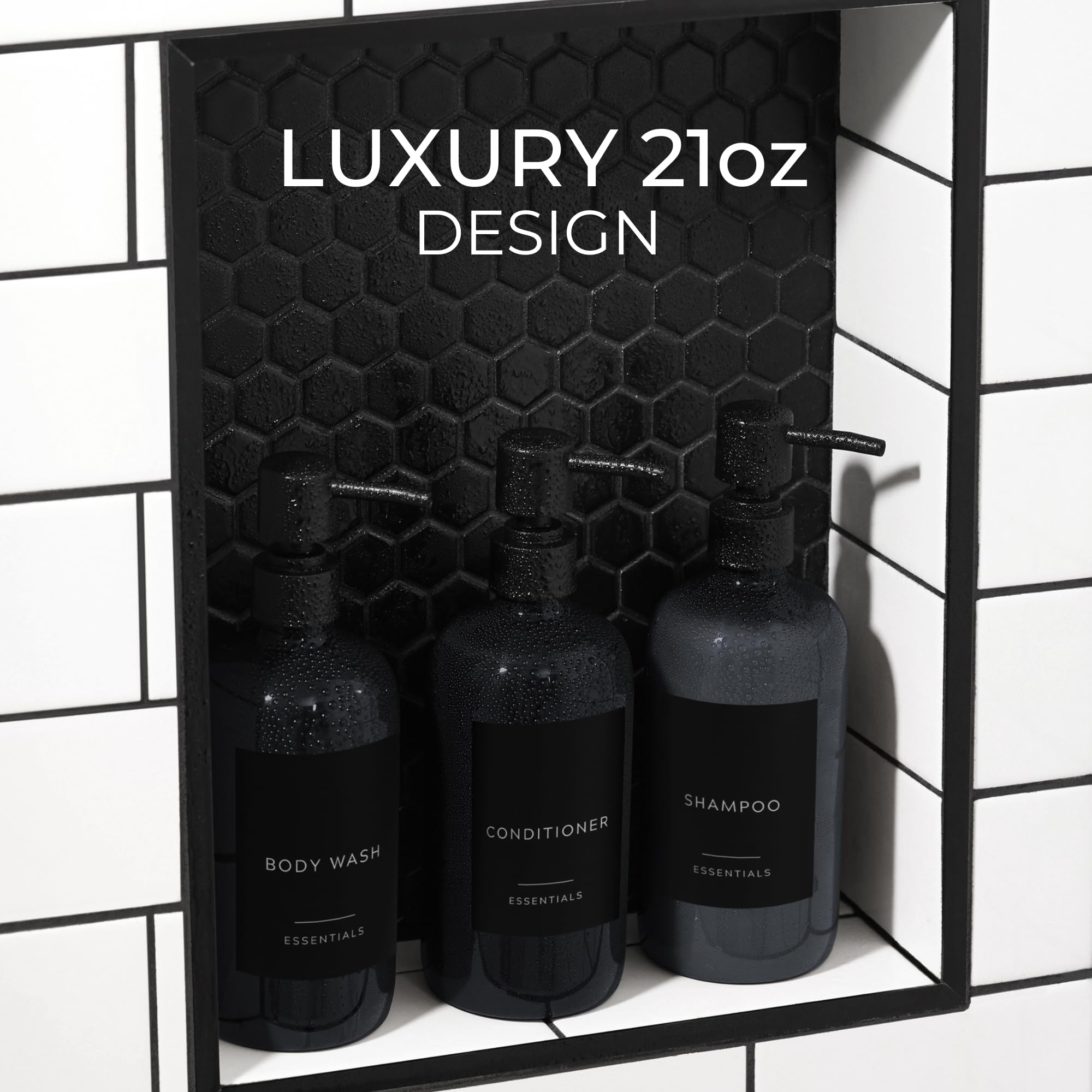 Stylish Shampoo and Conditioner Dispenser Set of 3 - Modern 21oz Shower Soap Bottles with Pump and Labels - Easy to Refill Body Wash Dispensers for an Instant Bathroom Decor Upgrade - Black