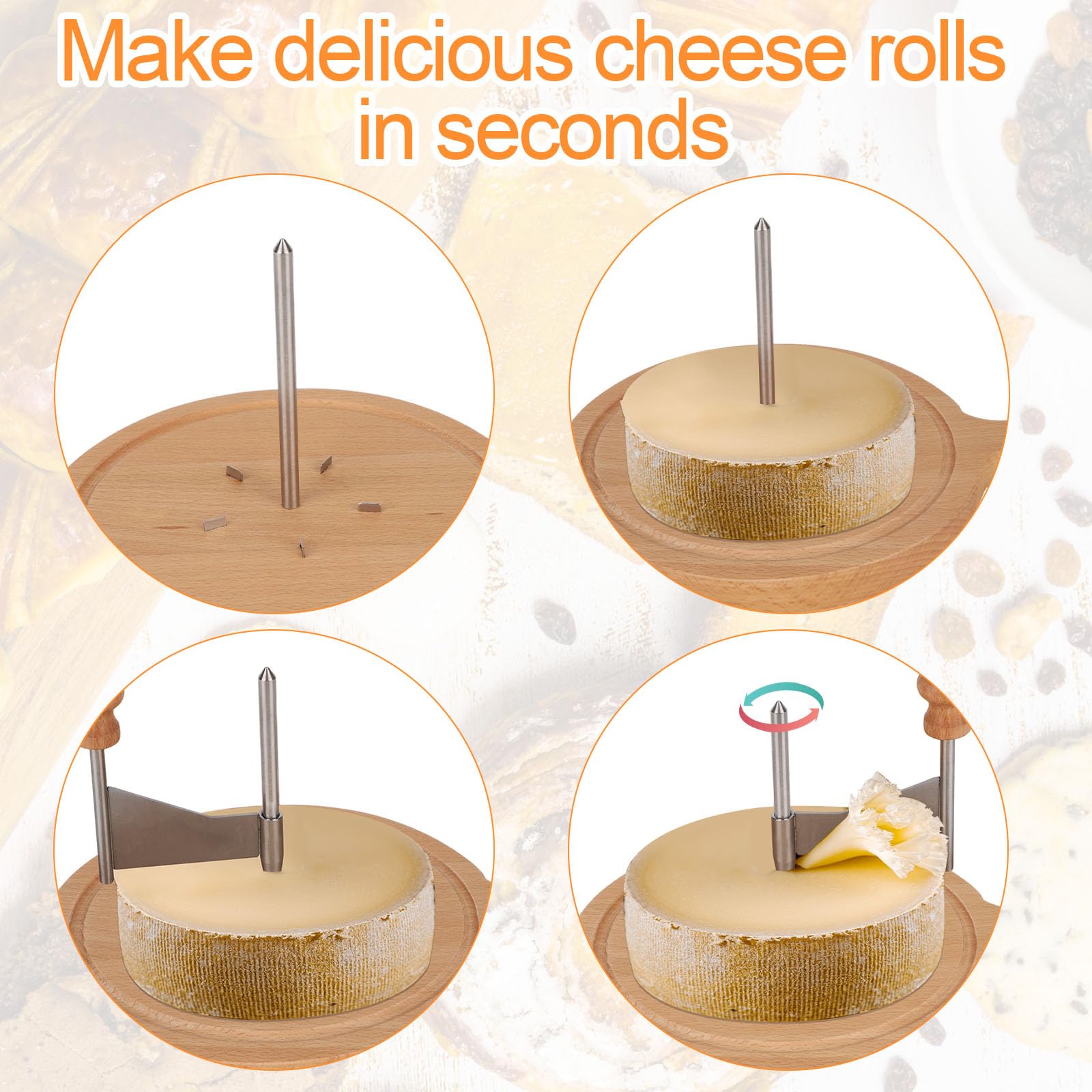 Wooden Cheese Wheel Cutter, Stainless Steel Round Cheese Curler Slicer Maker Shaver with Handle Kitchen Accessories for Butter Chocolate Home Restaurants Cafes Bakery