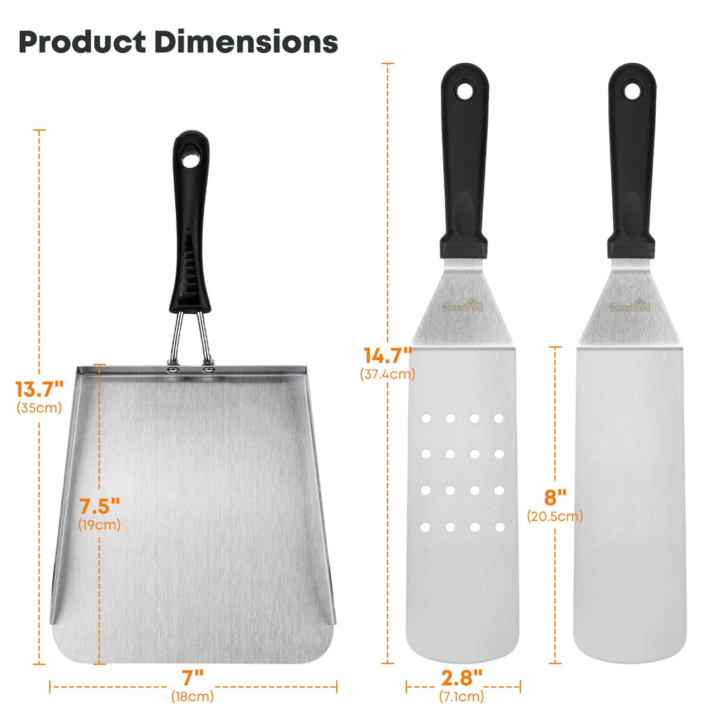 Stanbroil Stainless Steel Griddle Spatula Set for Outdoor Grill, 3 PCS Flat Top Grill Accessories, Includes Large Griddle Scoop, Perforated Spatula, Smash Burger Spatula
