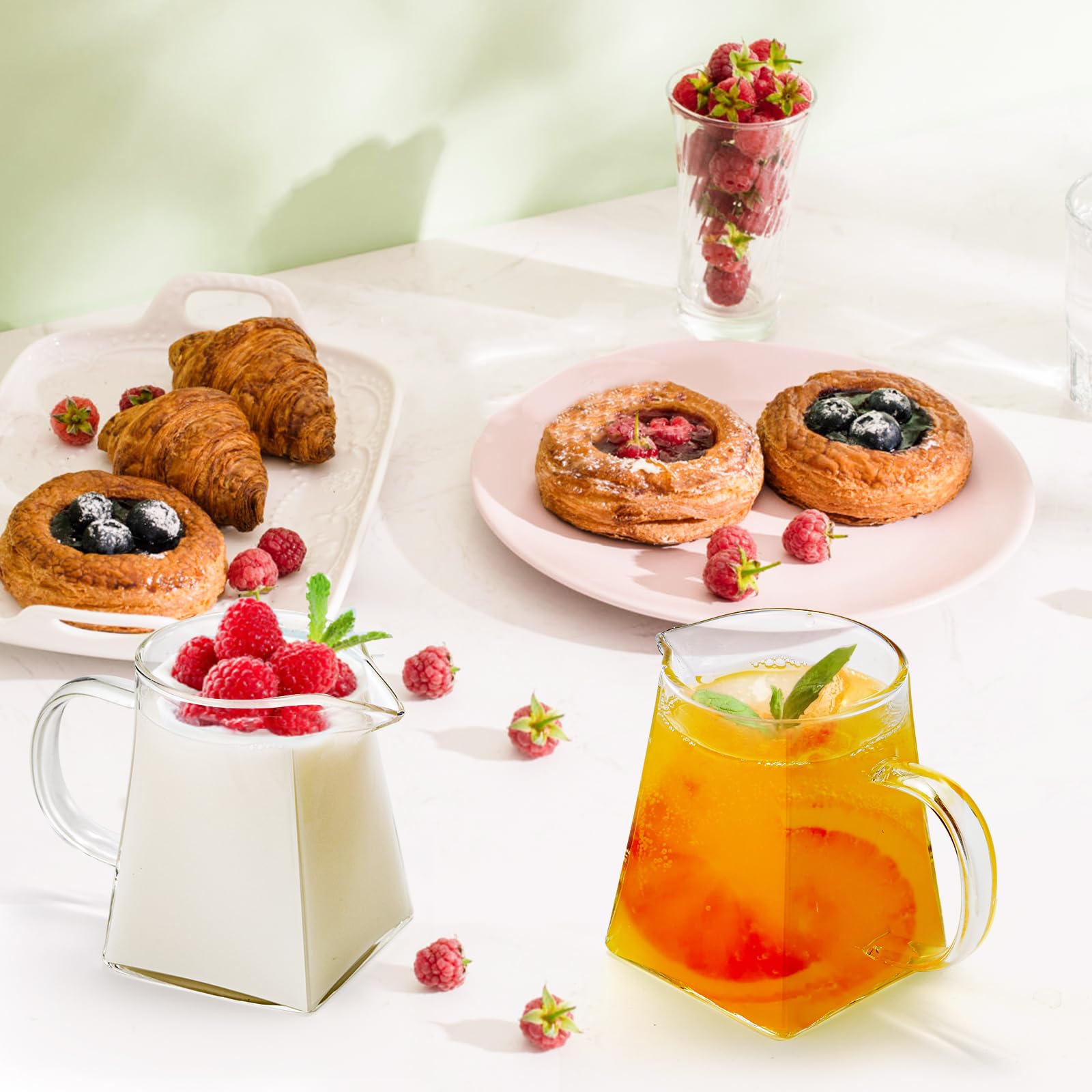 Yarlung 4 Pack Small Glass Pitcher, 12 Oz Clear Creamer Pitcher with Handle, Creative Coffee Milk Pitcher Tea Fair Cups for Table Serving, Square Base