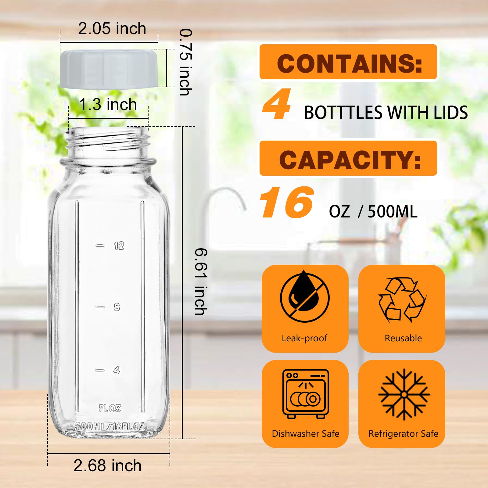 HINGWAH 4 Pack 16 OZ Glass Milk Bottles with Lids & Scale & Silicone Pour Spout, Reusable Square Water Bottles for Juice, Milk, Smoothies