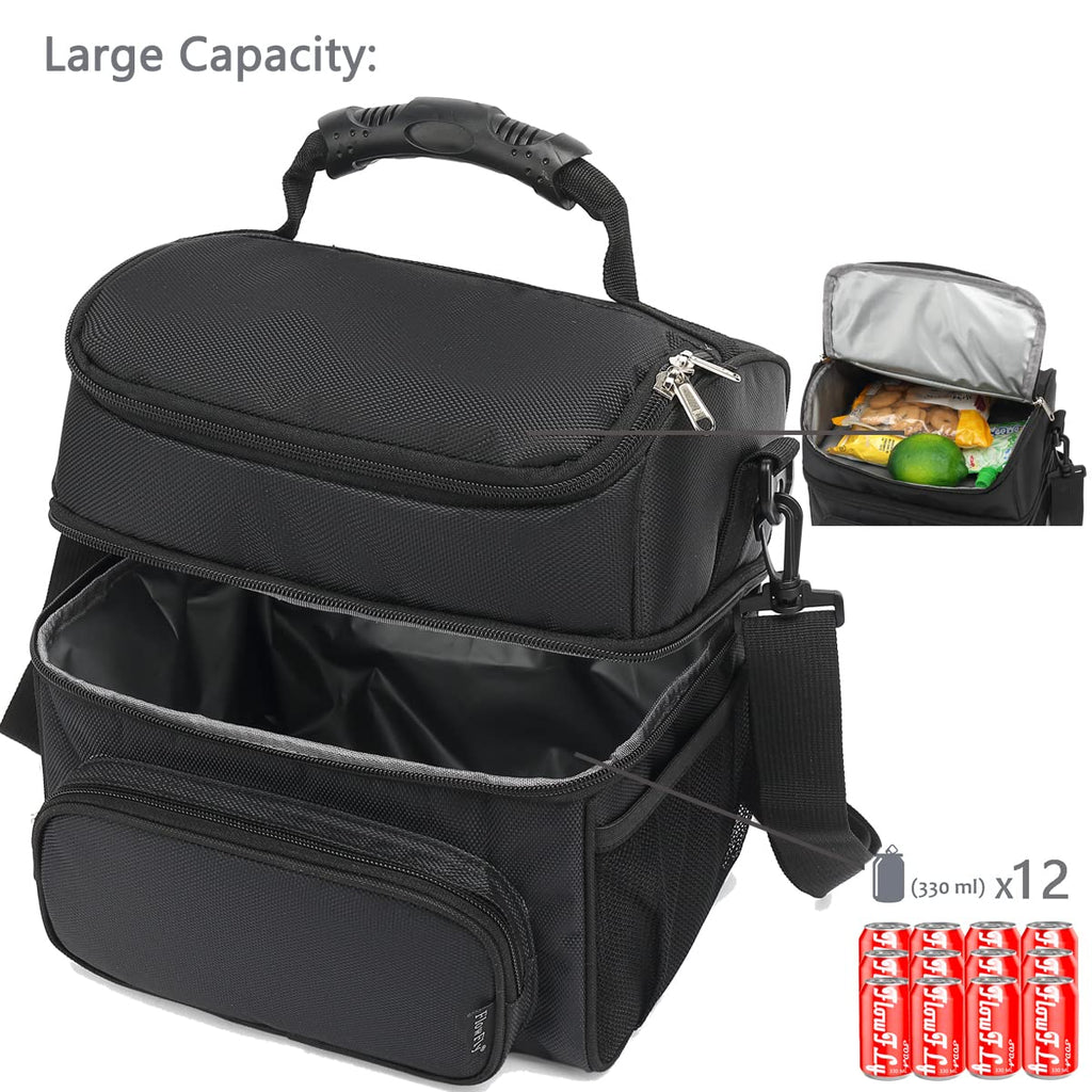 FlowFly Insulated Lunch Bag Adult Lunch Box Large Tote Double Layer Cooler for Men, Women, with Adjustable Strap,Front Pocket and Mesh Side Pockets,Black