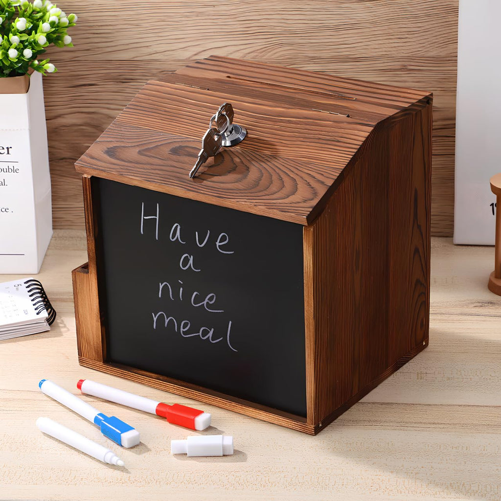 Artibetter Wooden Suggestion Box Fundraising Brochure Box for Complaint Voting Collection Suggestion Holder with Lock and Key for Freestanding or Wall Mounted 8.2"X7.8"X6.5"