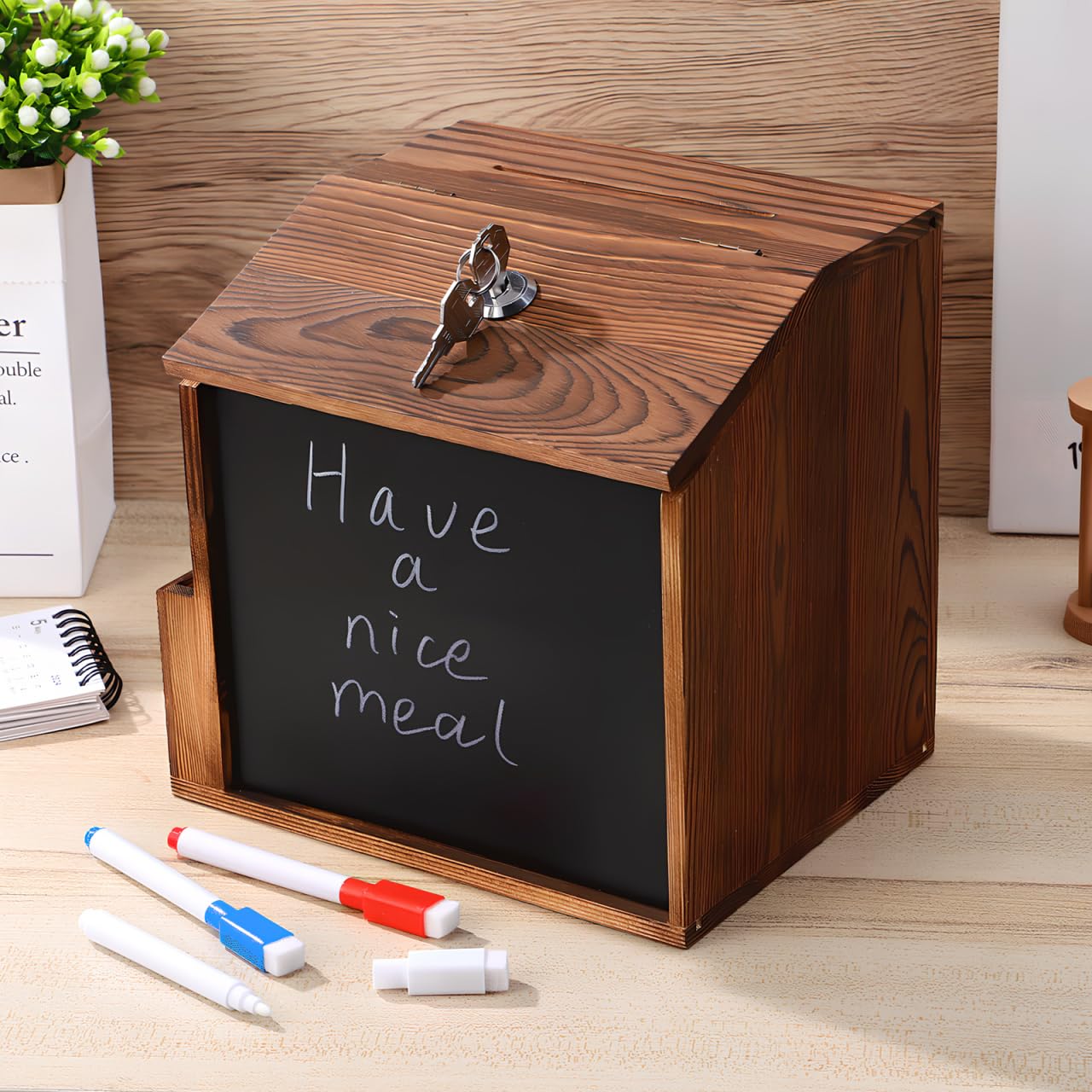 Artibetter Wooden Suggestion Box Fundraising Brochure Box for Complaint Voting Collection Suggestion Holder with Lock and Key for Freestanding or Wall Mounted 8.2"X7.8"X6.5"