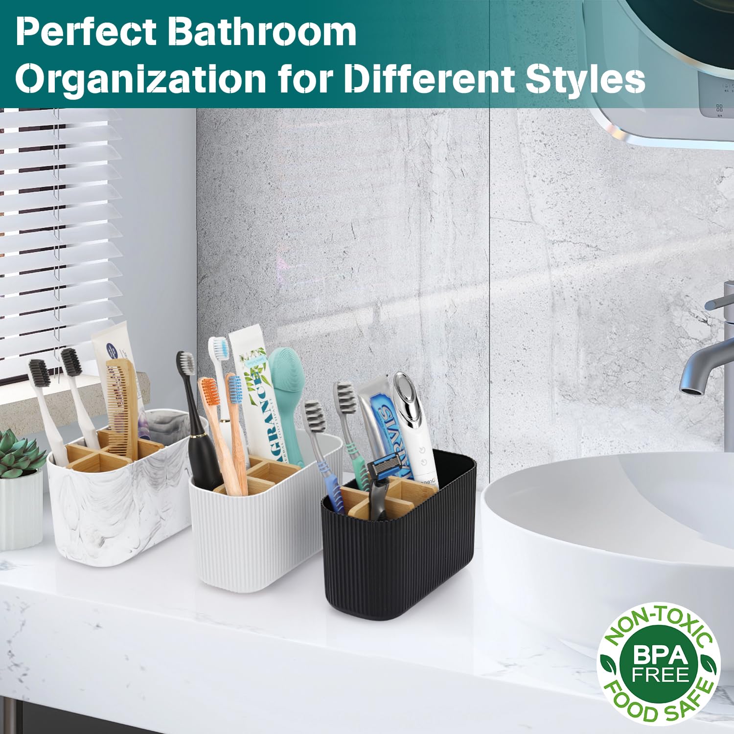 GFWARE Black Toothbrush Holder Bathroom Organization - 5 Slots Bamboo Toothbrush Holders for Bathrooms Countertop Accessories Kids Tooth Brush Holder for Bathroom Organizers and Storage