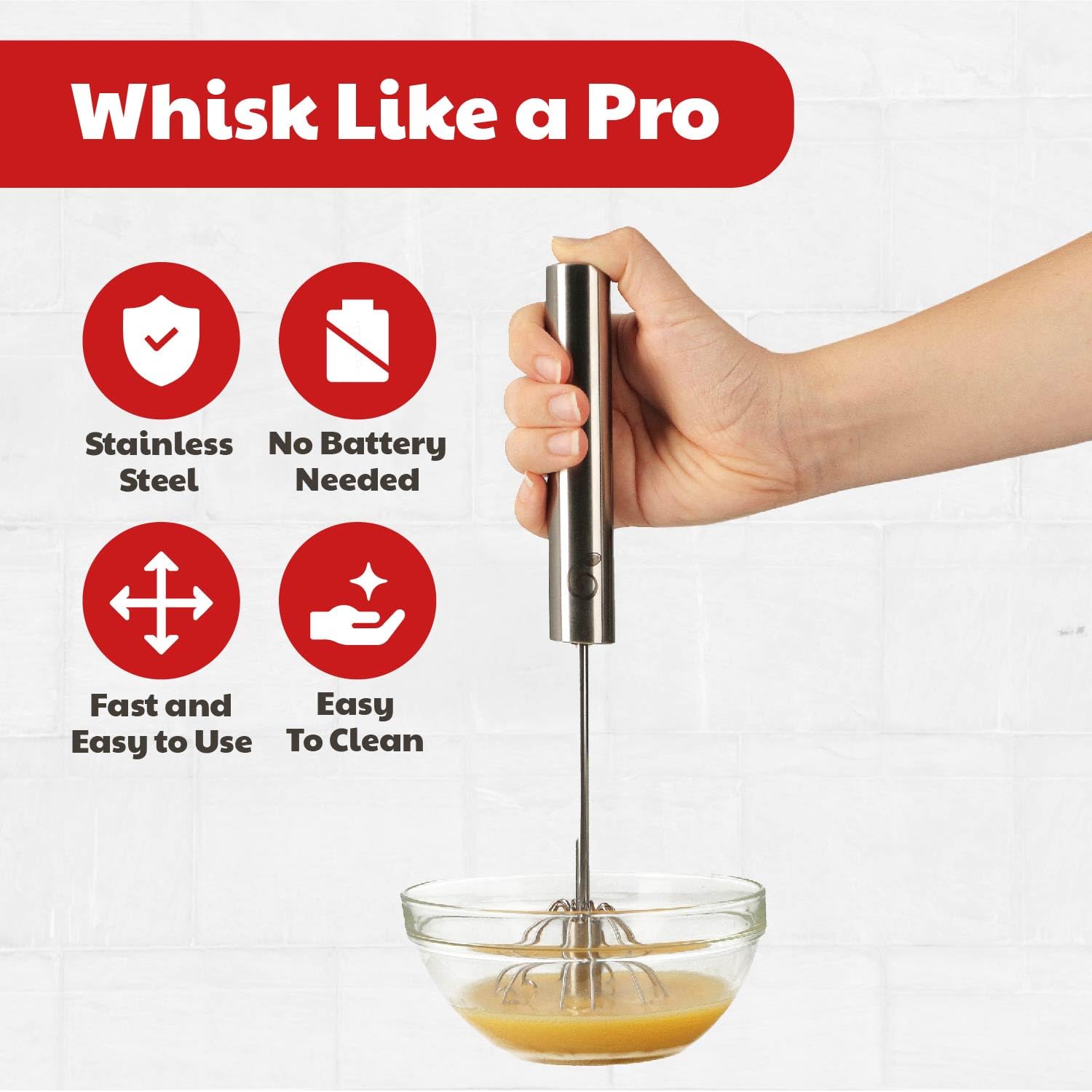 Stainless Steel Egg Whisk - Easy to Use Semi-Automatic Push-Down Zip Whisker - Rotary Hand Mixer for Beating Eggs, Frothing Milk, Blending, Mixing, Whipping Smoothies & Shakes - 2 Pack (12 &14 Inch)