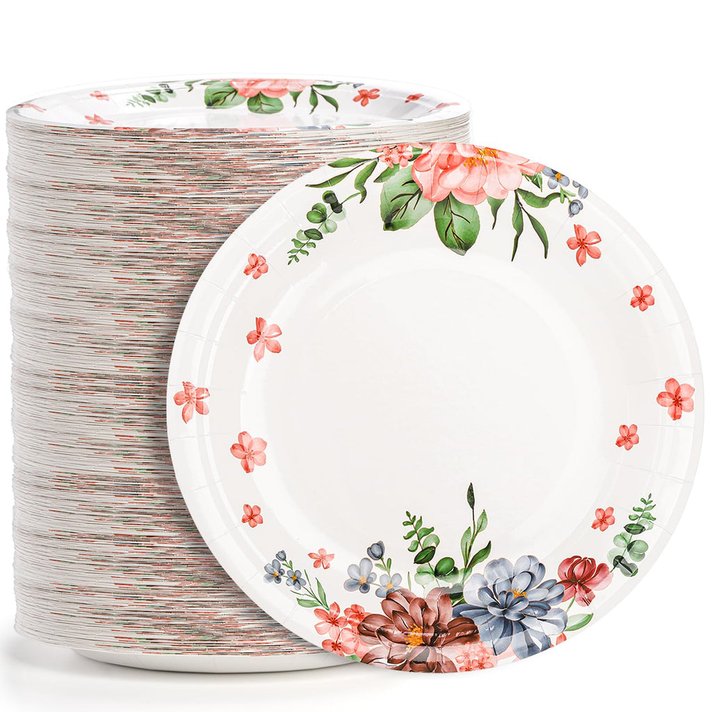 yarlung 200 Pack 9 Inch Disposable Paper Plates, Soak Proof Light Dinner Paper Plates Bulk Floral Printed Disposable Plates for Lunch, Salads, Parties Picnics and Everyday Use, Cut Resistant