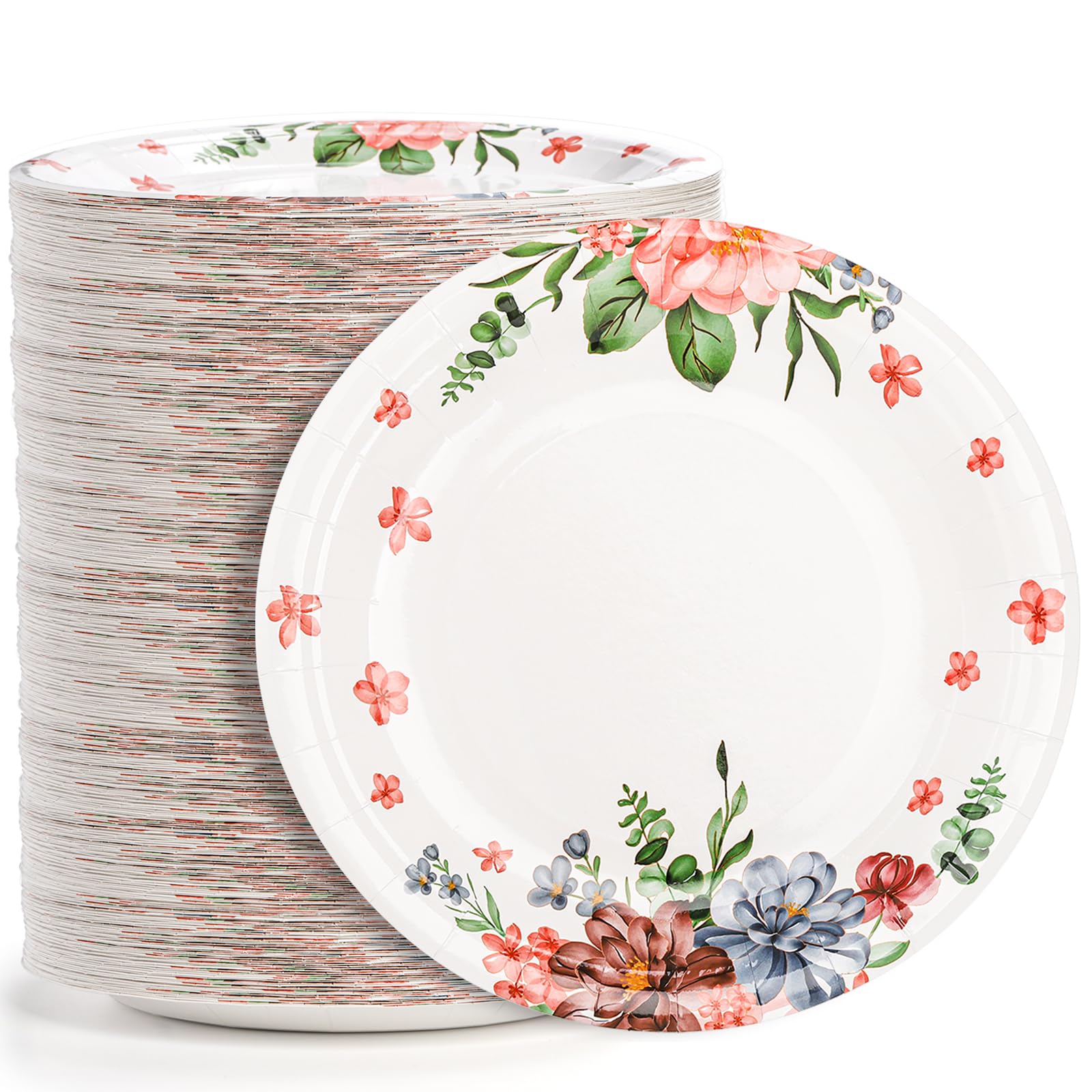 yarlung 200 Pack 9 Inch Disposable Paper Plates, Soak Proof Light Dinner Paper Plates Bulk Floral Printed Disposable Plates for Lunch, Salads, Parties Picnics and Everyday Use, Cut Resistant