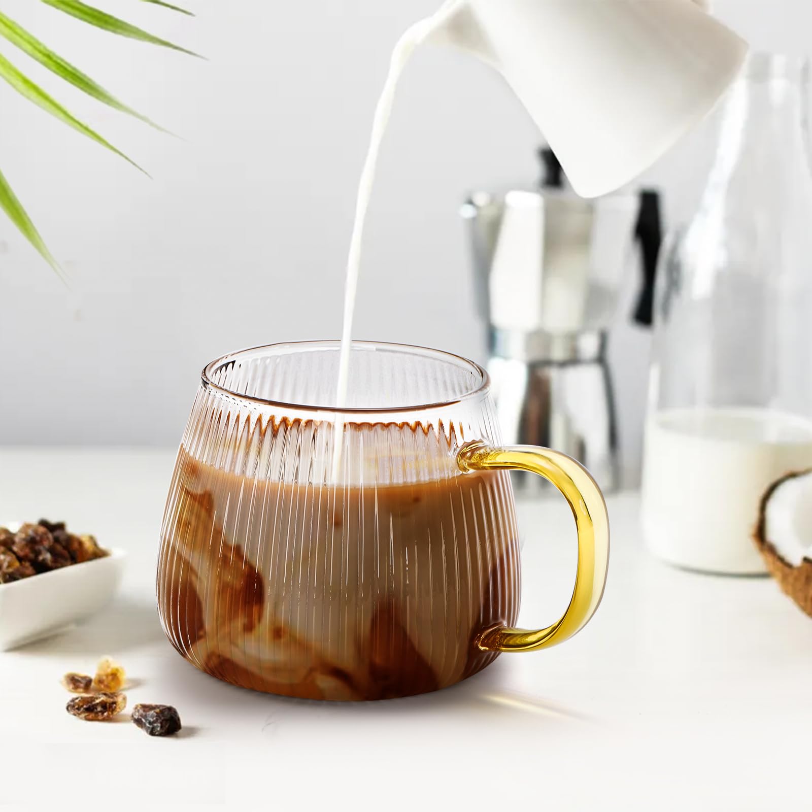 AVLA 6 Pack Glass Coffee Mugs, 16 OZ Unique Vertical Stripes Coffee Cup, Clear Large Tea Glasses with Handles, Vintage Transparent Glassware for Hot/Cold Beverages, Cappuccino, Latte, Espresso, Juice