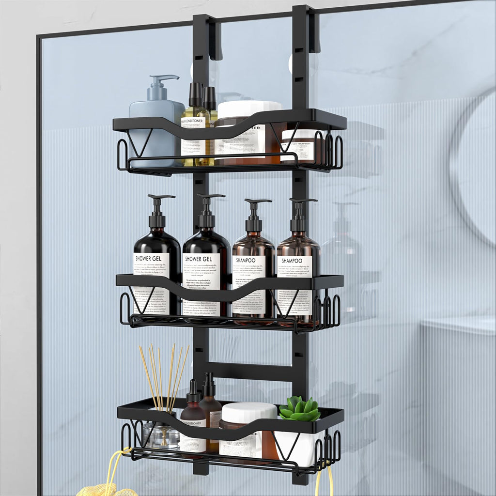 LOOBOV Shower Caddy Hanging, Over Glass Door Shower Shelf, 3-Tier Bathroom Organizer/Rack No Drilling (Black)