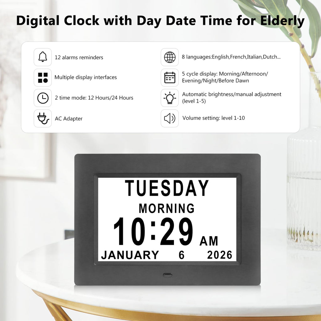Dementia Clocks for Seniors,7 Inch Clock with Day and Date for Elderly,12 Alarms Option,Auto Dimmable,Large Number Digital Clock with Large Display