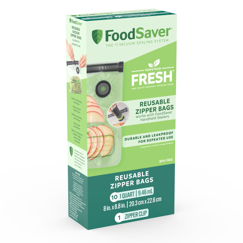 FoodSaver Reusable Vacuum Zipper Bags, Use with FoodSaver Handheld Sealer, Quart-Size (946 mL), 10 Pack