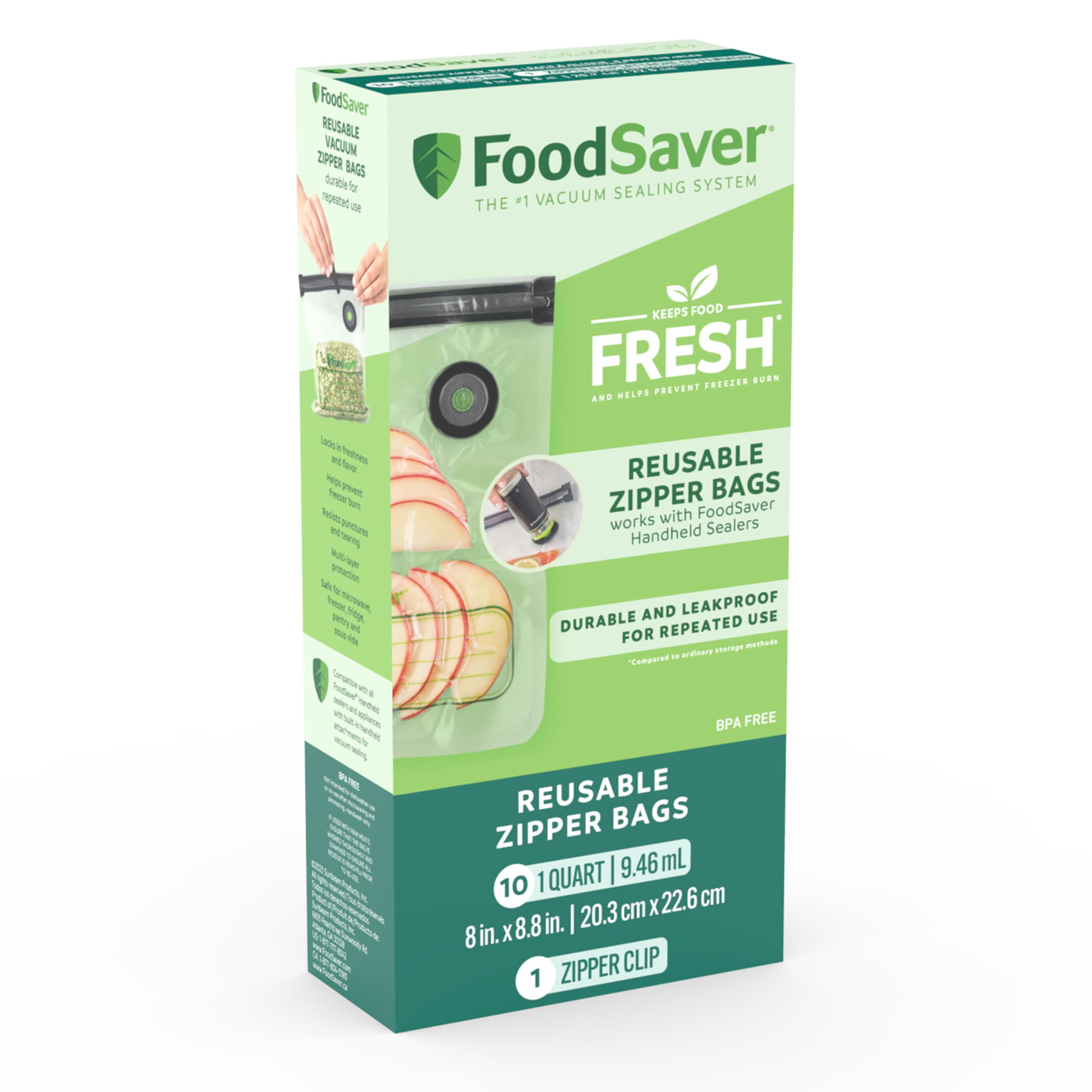 FoodSaver Reusable Vacuum Zipper Bags, Use with FoodSaver Handheld Sealer, Quart-Size (946 mL), 10 Pack