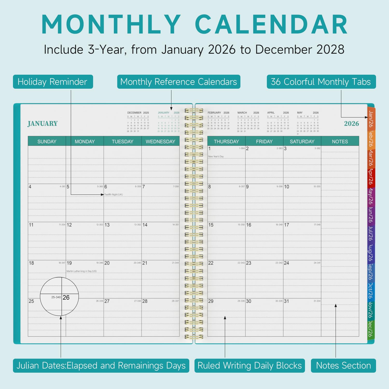 Monthly Planner 2026-2028, 36 Months Calendar Planner 2026-2028 Coated Colour Tabs, from Jan 2026 – Dec 2028, A4 (8.5'' x 11'') with Ruled Spread, Hardcover, Spiral Wirebound, Holidays, Notes