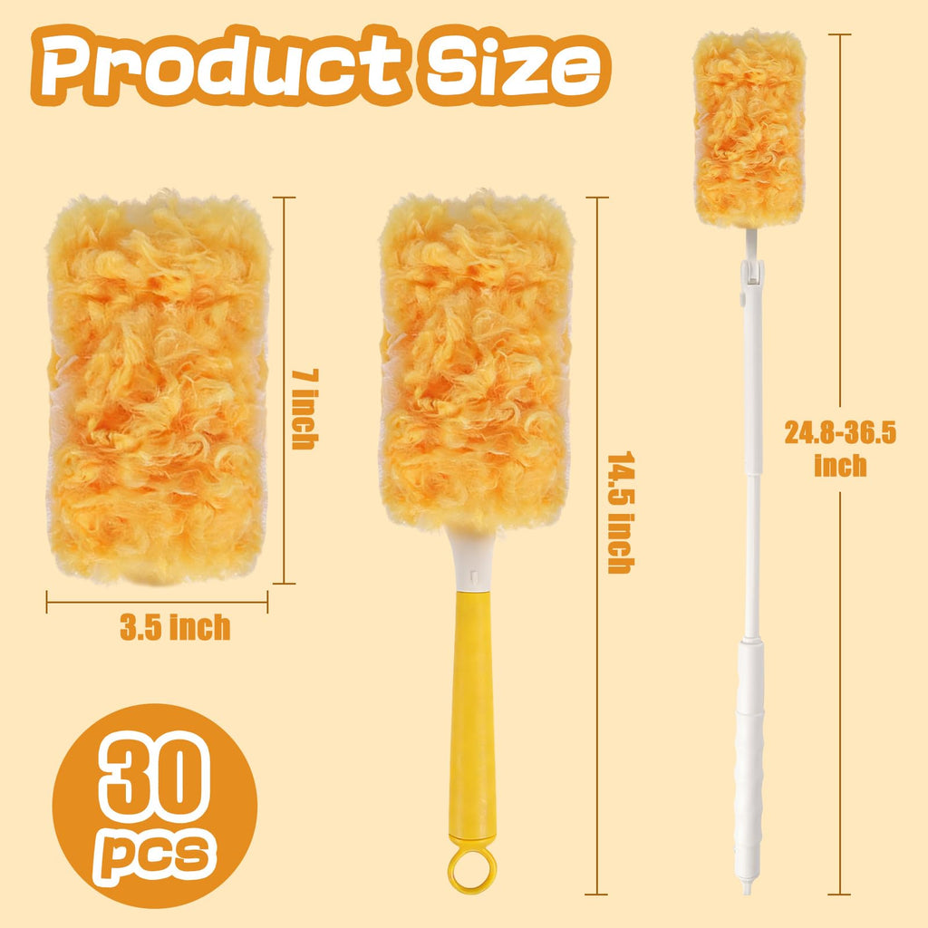 30 Pack Disposable Duster Refills, Heavy Duty Dusting Kit with Handle, 360°Multi-Surface Dust Cleaning Tool for Blinds, Ceiling Fans, Furniture & Hard-to-Reach Areas (Yellow)