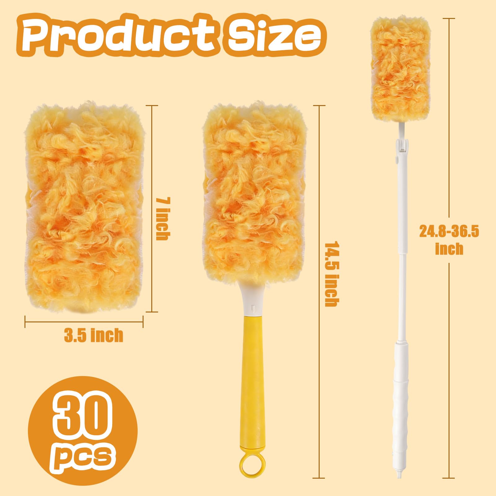30 Pack Disposable Duster Refills, Heavy Duty Dusting Kit with Handle, 360°Multi-Surface Dust Cleaning Tool for Blinds, Ceiling Fans, Furniture & Hard-to-Reach Areas (Yellow)