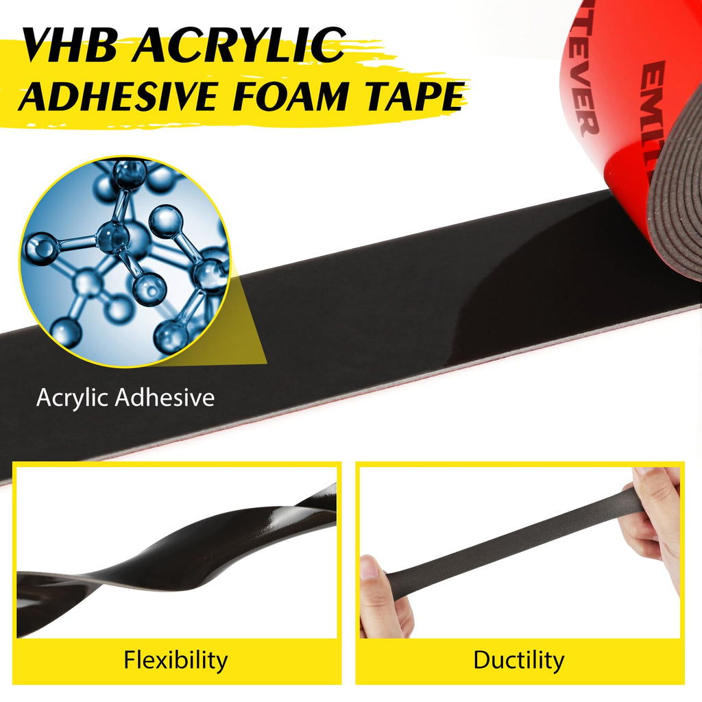 EMITEVER Heavy Duty Double Sided Tape, 1 Inch x 16.4FT Acrylic Foam Mounting Tape, Two Sided Adhesive Tape, Waterproof & Strong Double Stick Tape for Walls, Automotive, Home Office Decor