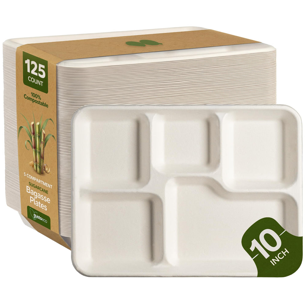 Gusto [10 Inch - 125 Pack] Heavy-Duty Plates, 5 Compartment Disposable Sugarcane Paper Party Plates - Formerly Comfy Package