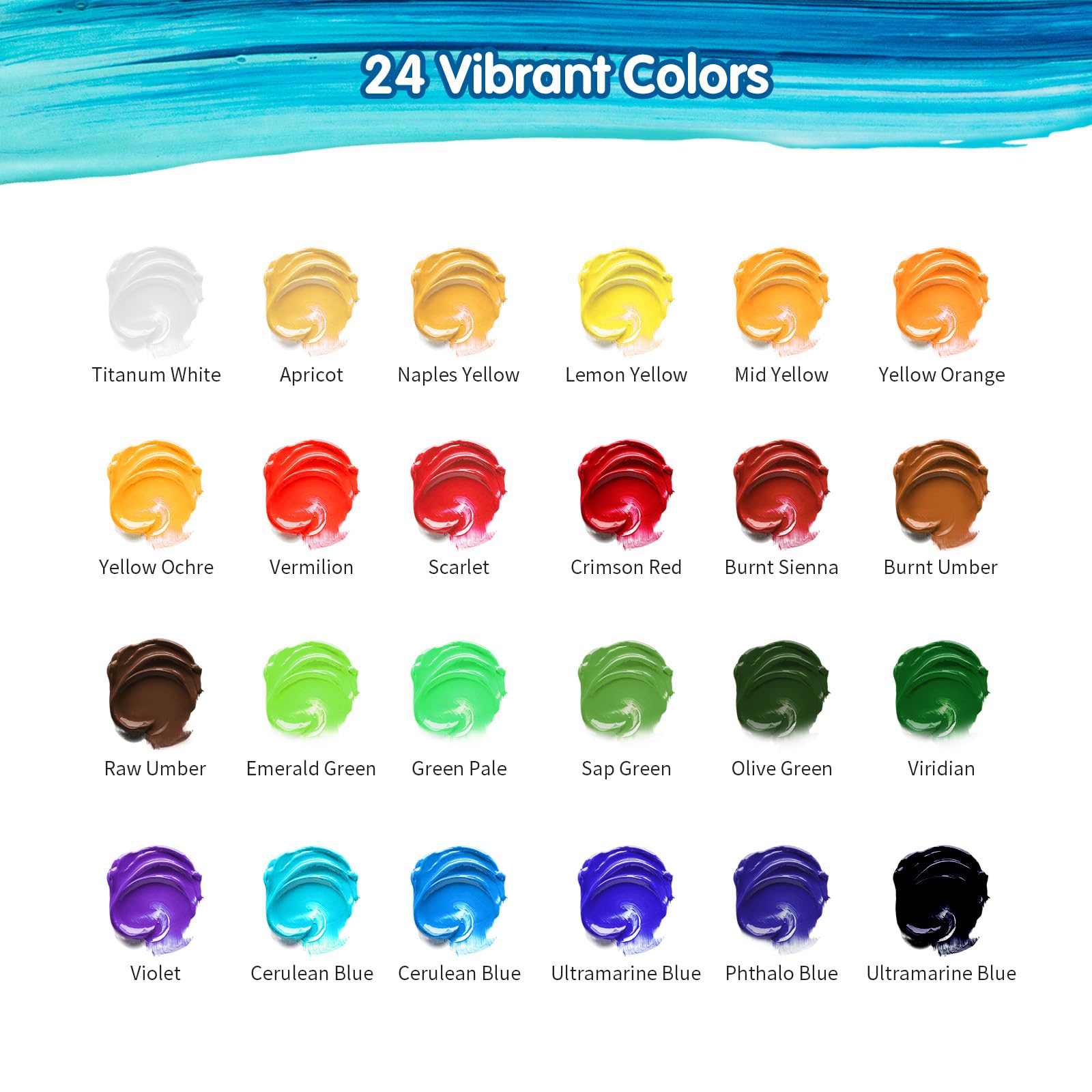 Kebuye Acrylic Art Paint Set, 24 Colours(12ml) Acrylic Paint Kits Creamy Texture Non-toxic, Art Craft Paints for Canvas Painting, Rock,Stone,Wood,Fabric,Crafts,with 6 Brushes 2 Canvas 1 Palette