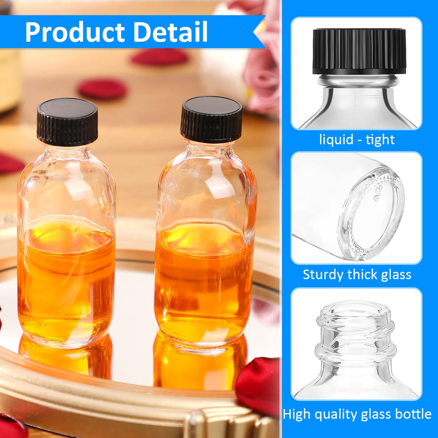 24 Pack 2 oz Small Clear Glass Bottles with Lids & 3 Funnels, 60ml Boston Round Sample Bottles, Boston Sample Mini Travel Bottles for Potion, Juice, Ginger Shots, Oils, Whiskey, Wellness Shots