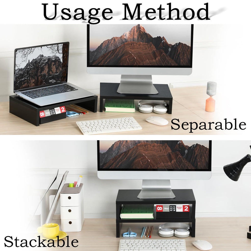 TEAMIX 2 Pack Wood Monitor Stand Riser, Black Adjustable Computer Stand Dual Monitor Riser for Monitors/Laptops/TV, Desktop Shelf Space-Saving