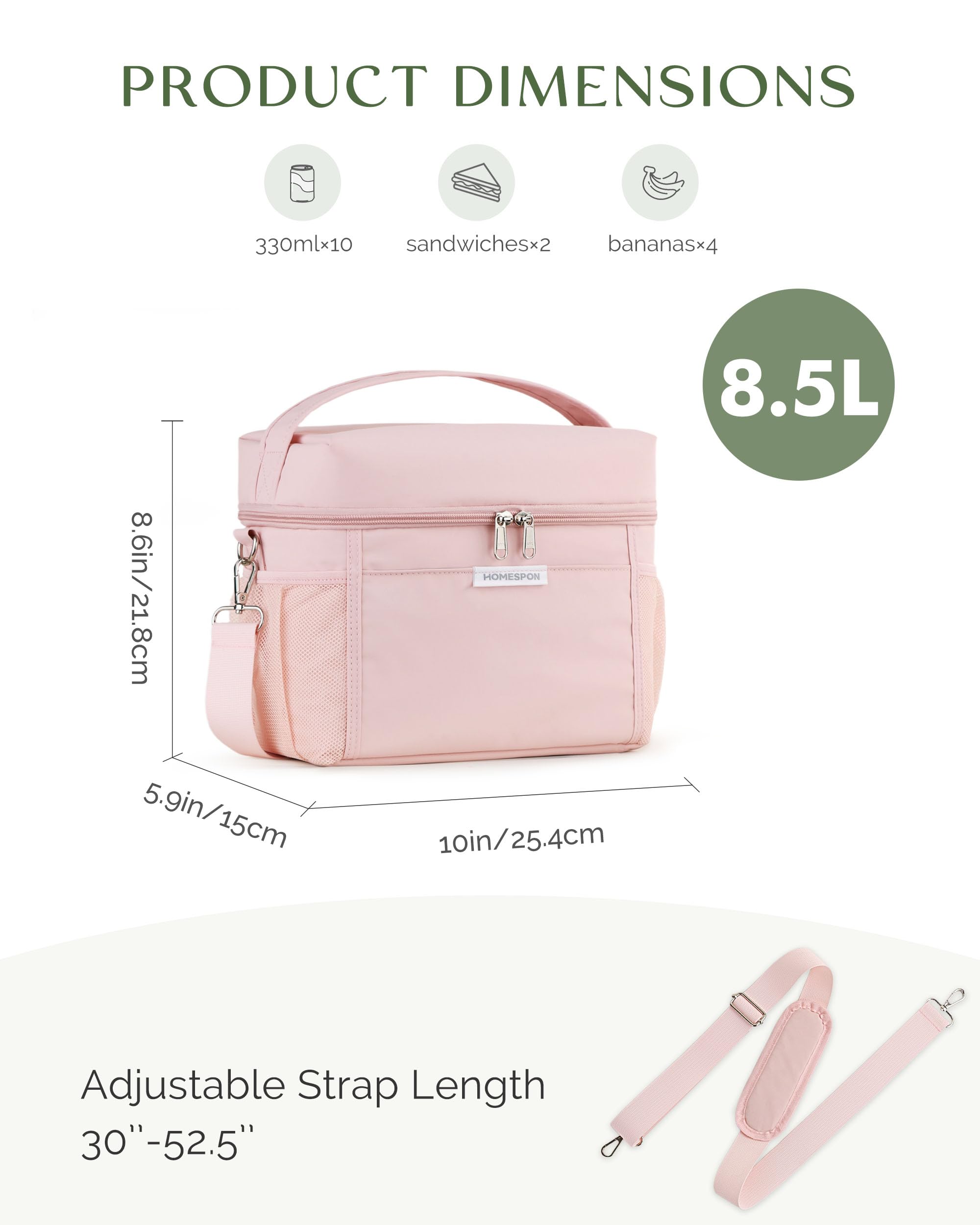 HOMESPON Lunch Box for Women Men - Insulated Lunch Bag Waterproof Lightweight Cooler Bag for Work, Picnic, Travel (Medium, Pink)