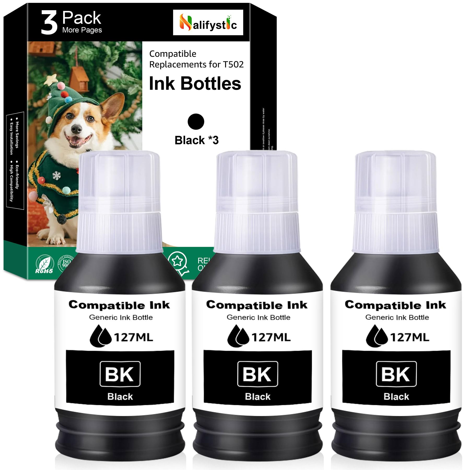 Compatible T502 Ink Refill Bottles Replacement for T502 Ink Bottles Black Compatible for ET-2760 ET-4760 ET-2750 ET-3760 ET-2850 ET-15000 ST-4000 ST-2000 ET-3710 ET-3850 Printers (135ML, 3 Black)