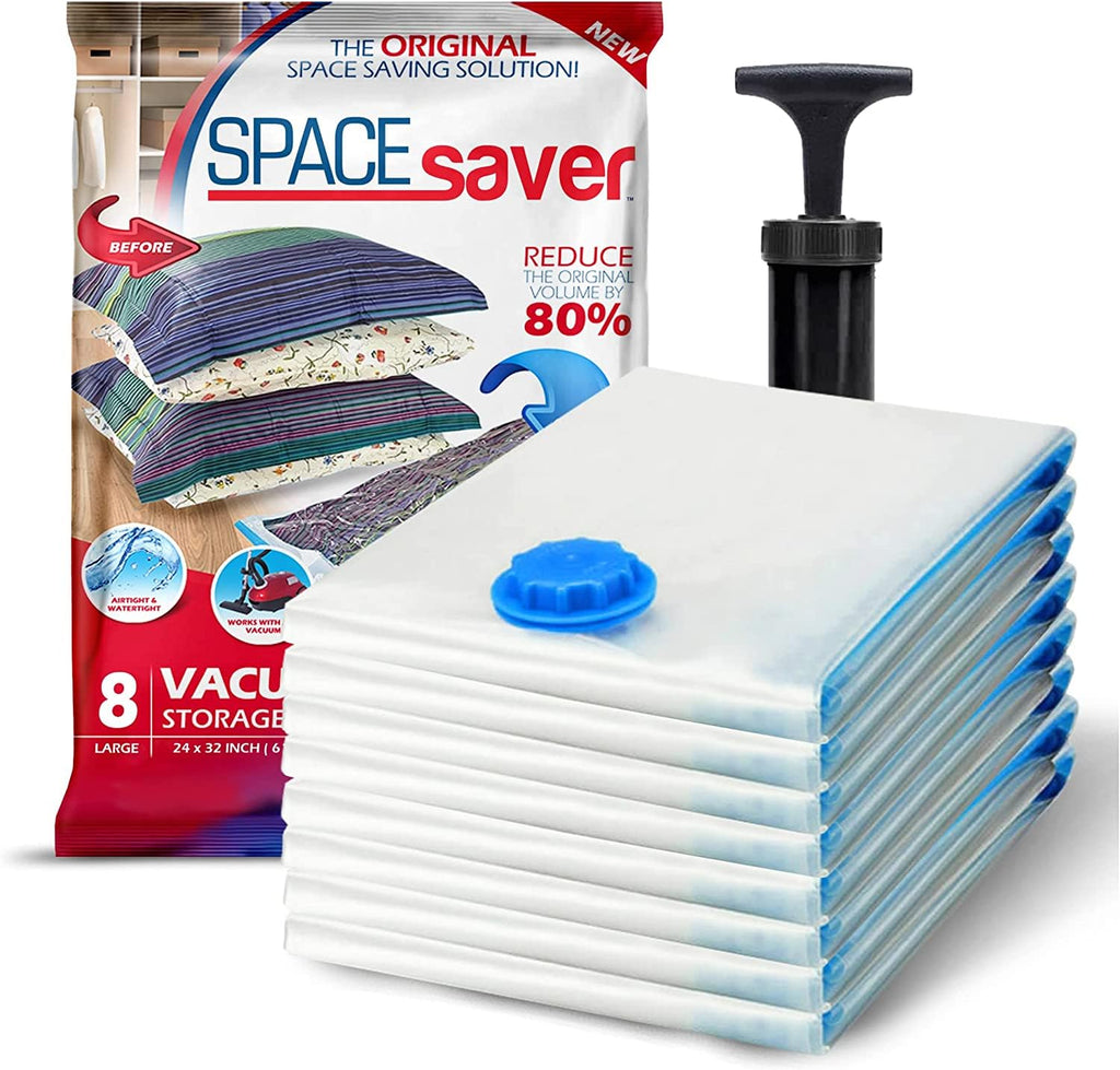 Spacesaver 8 Pack Vacuum Storage Bags Large - 32 x 24 Inch Vacuum Sealer Bags for Clothes, Bedding, Comforters - 80% More Storage - Hand Pump Included for Travel
