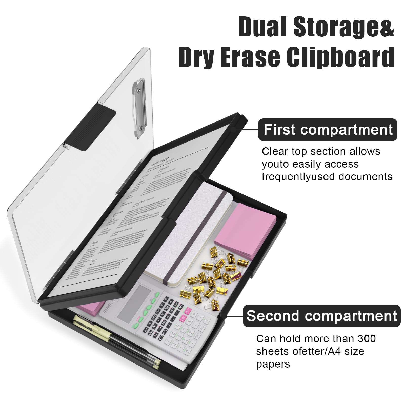Hongri Clipboard with Storage, Black 8.5 x 11 Folder Nursing Side Opening, Heavy Duty with Dual Compartment, Dry Erase Clear Cover, Smooth Writing for Teachers, Classroom, Office & School Supplies