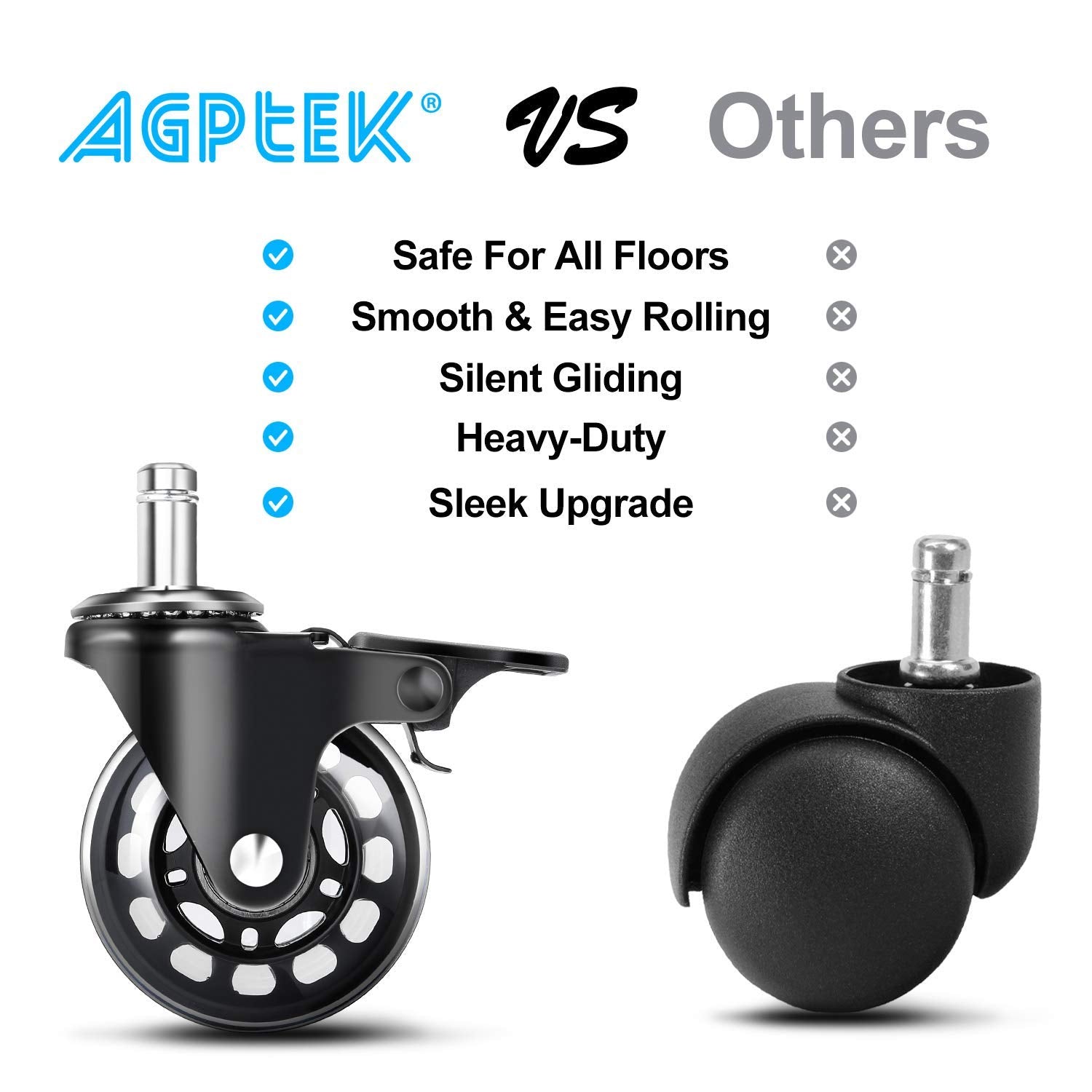 AGPTEK Set of 5 Office Chair Casters Heavy Duty with Locks, 11x22mm Office Chair Wheels Replacement with Brakes, Quiet Office Chair Wheels, No Noise, Game Chair Wheels for Hardwood Floors, Mat, Carpet