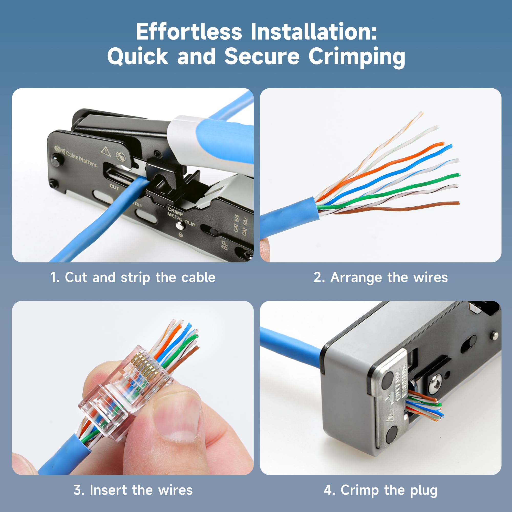 Cable Matters 100-Pack Cat 6 Pass Through RJ45 Connectors (Cat 6 Ends / Cat6 Connector / RJ45 Modular Plugs/Ethernet Plugs/Network Connector) for Solid or Stranded UTP Ethernet Cable