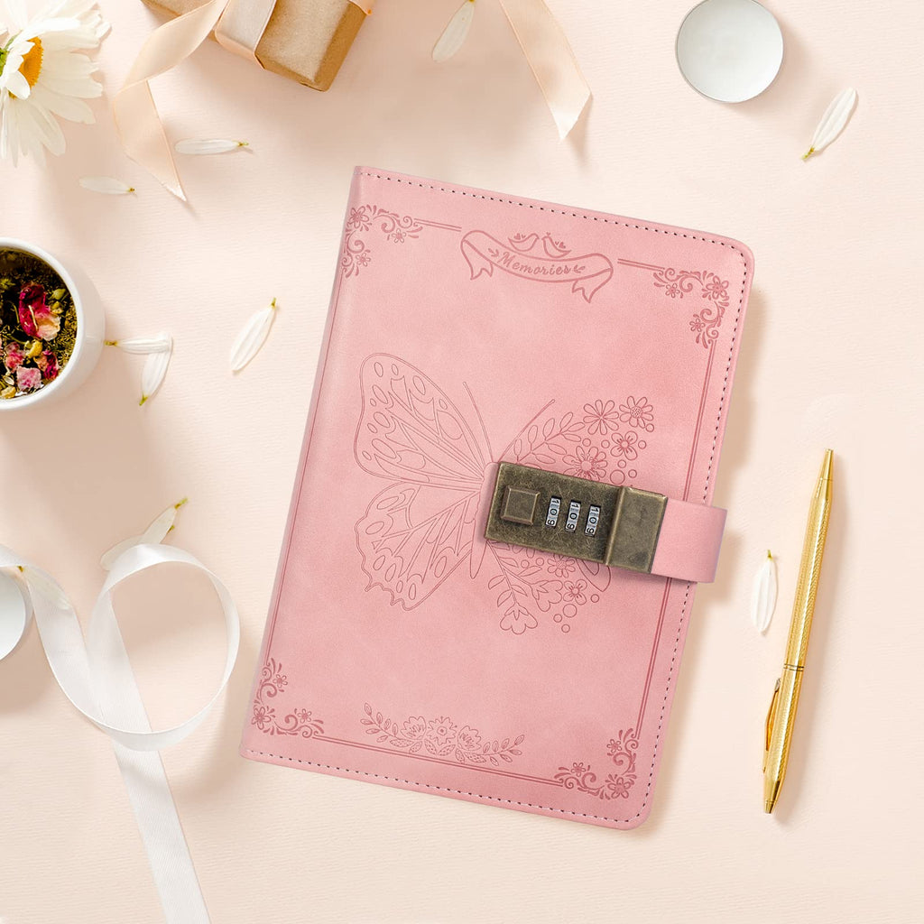 Diary with Lock, Journal for Women Girls, Vintage Refillable Secret Journal, Locking Notebook Gift for Girls with Combination Lock, 5.3'' x 7.8'' (Pink)