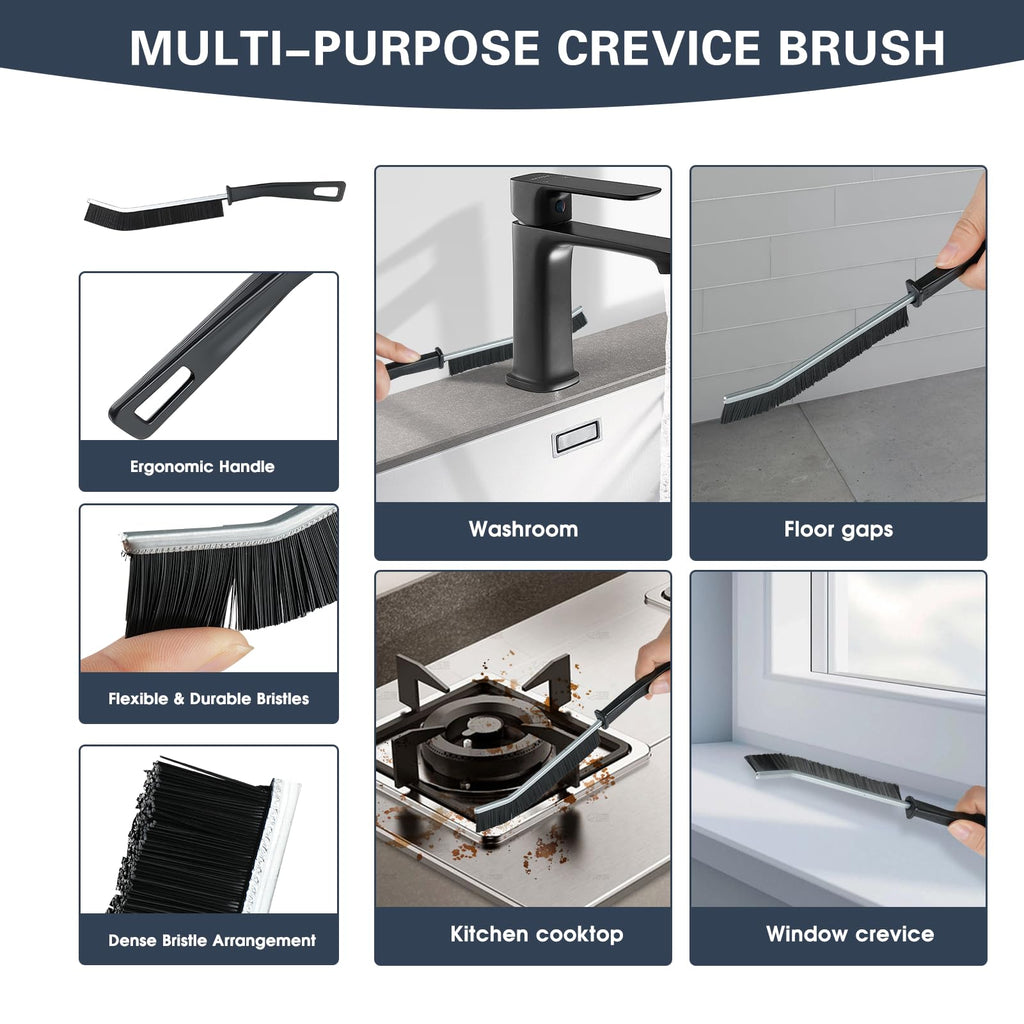 Grout Brush with Long Handle, 2 in 1 Floor Scrub Brush with Squeegee + 2 Crevice Cleaning Brushes, Tile Scrub Brush with Stiff Bristles Floor Scrubber for Cleaning Shower Corner Bathroom Tile