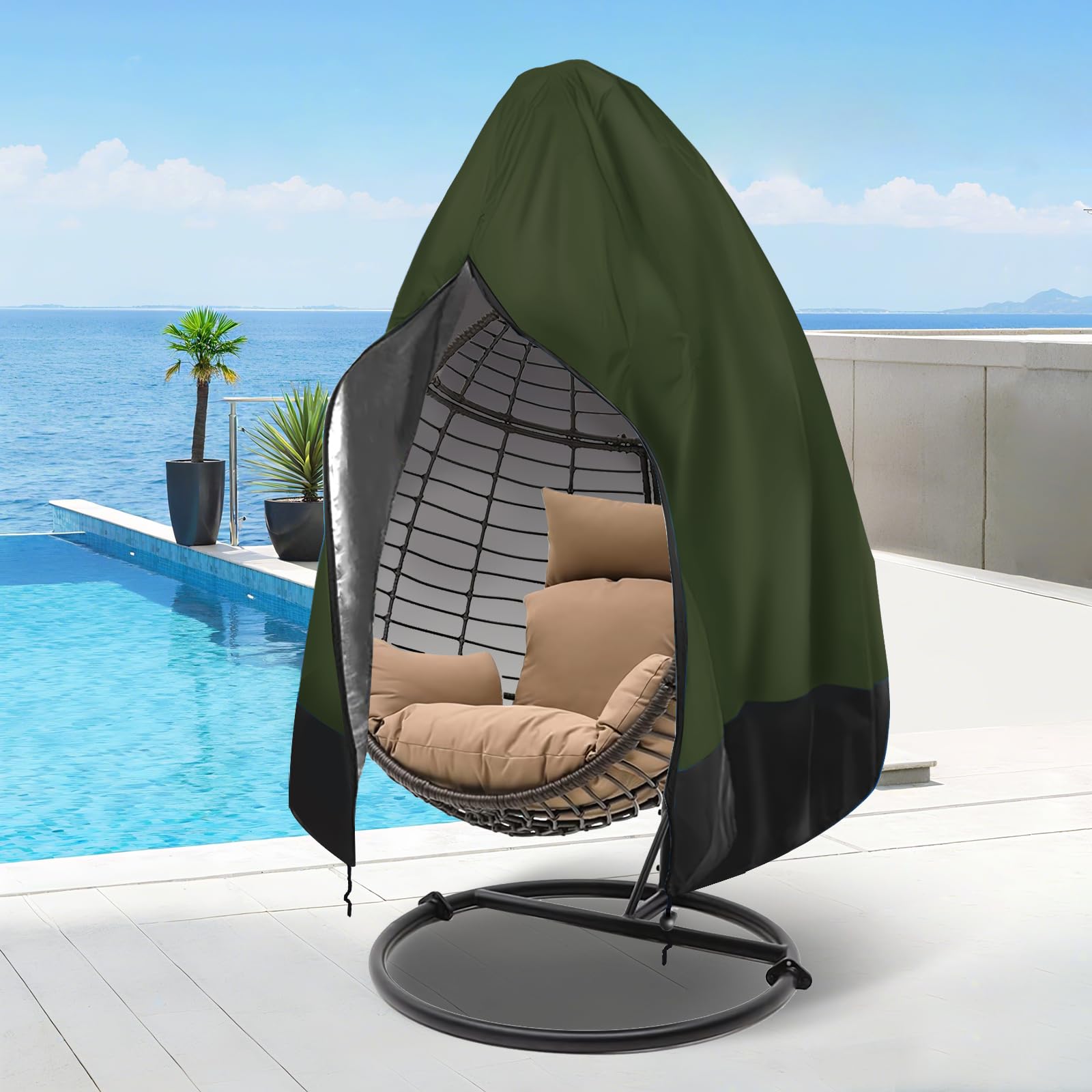 Impulja Patio Egg Chair Cover with Zipper, Heavy Duty 420D Oxford Outdoor Hanging Egg Chair Cover, Waterproof UV Resistant Windproof, Wicker Swing Egg Chair Cover, Fits 75"H x 45"W(Green)