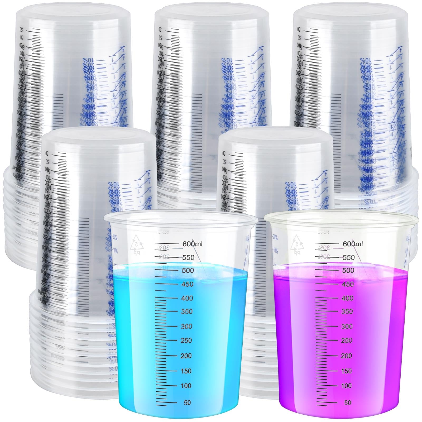 Worldity 50 Pack 600 ML Plastic Measuring Cup, Disposable Graduated Cups, Clear Paint Mixing Cups for Resin Paint, Epoxy, Thinner, Baking (20 Oz)