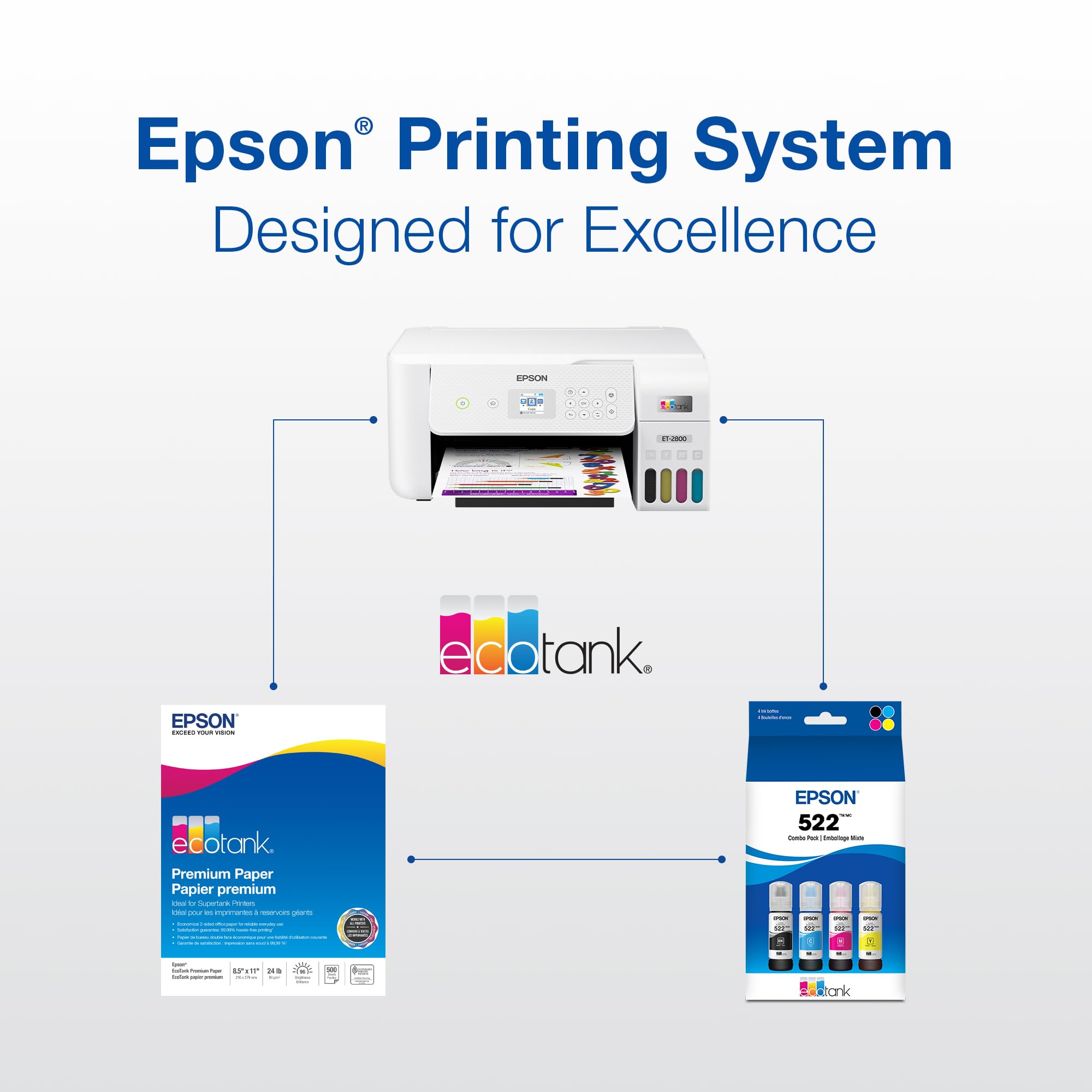 EPSON 522 EcoTank Ink Ultra-high Capacity Bottle Color Combo Pack (T522520-S) Works with ET-2720, 2800, 2803, 2840, 4700, 4800, 4810
