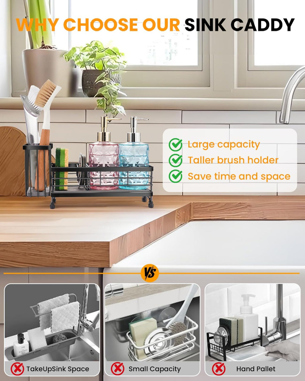 ARTLEO Kitchen Sink Caddy with Water Absorbent Diatomite Stone Sink Tray, Fast Drying Sink Organizer with High Dish Brush Holder Sponge Holder for Kitchen Sink, Stainless Steel