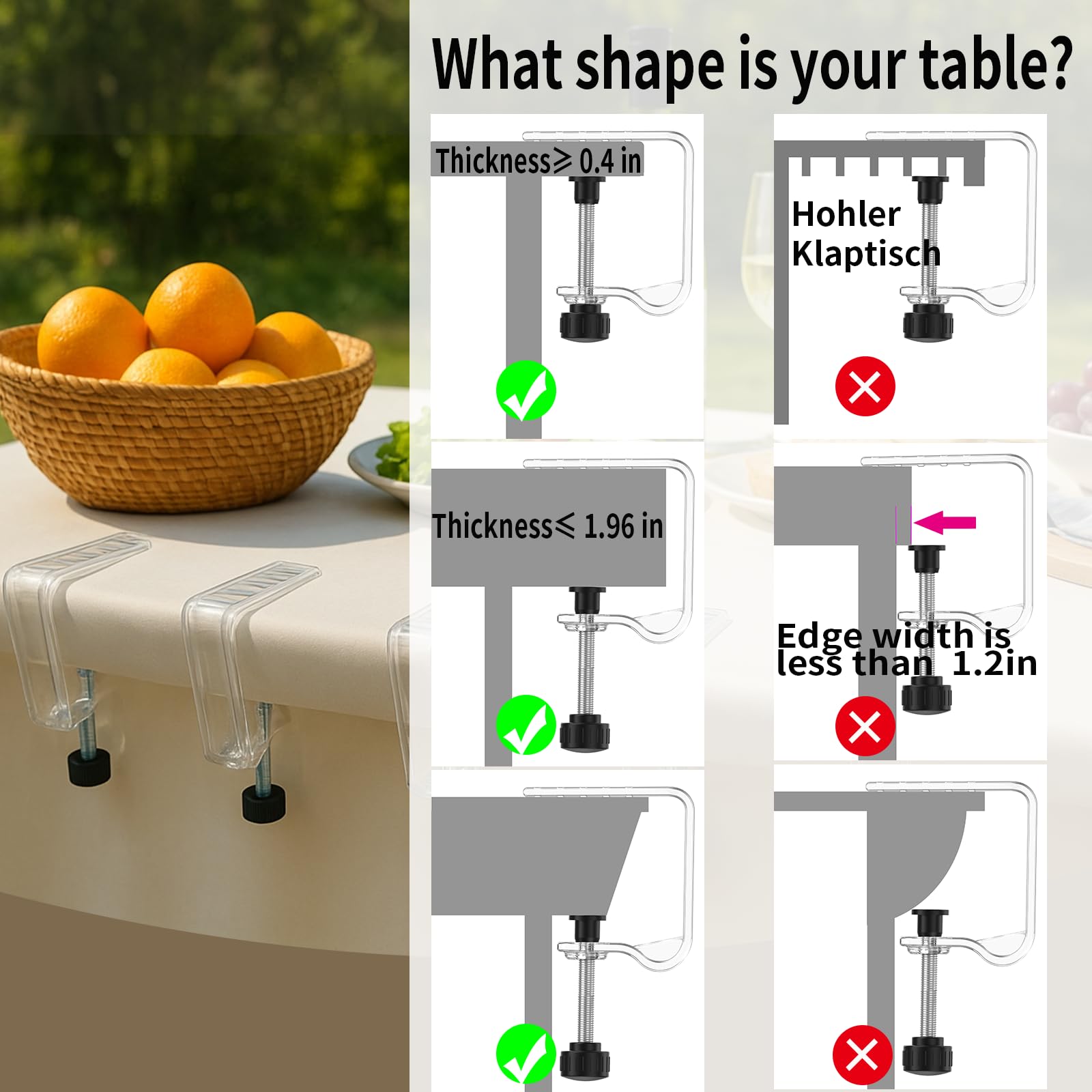12 Piece Adjustable Tablecloth Clips with Strong Clamping Force to Prevent Slippage. Damage-Free Table Cloth Holder Clips , Easy to Install, Suitable for Tables with Thickness Between 0.4-1.96 Inch.