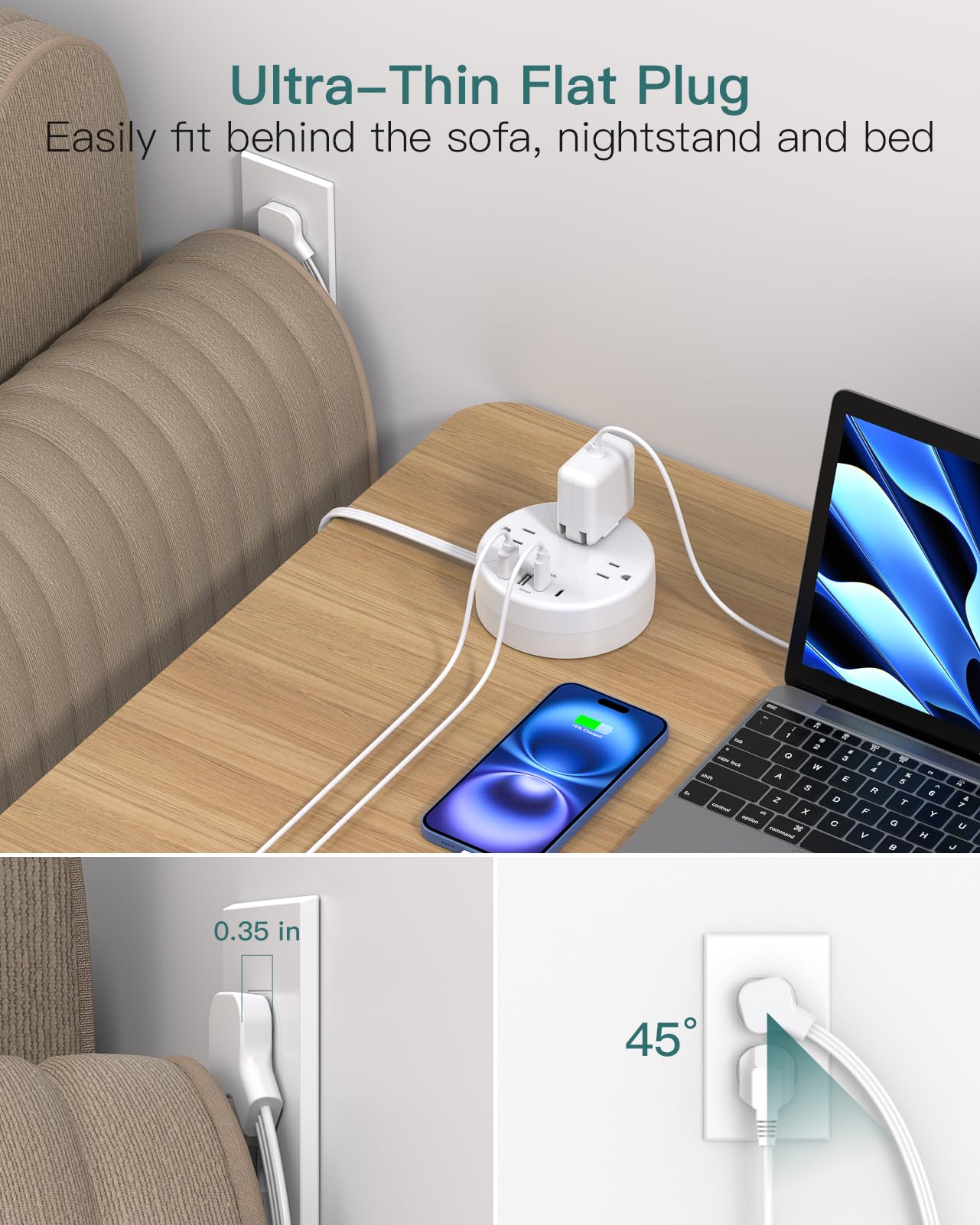 Addtam Travel Power Bar with 4 USB Ports(2 USB C), Retractable Flat Plug Extension Cord 5FT, Cruise Ship Essentials