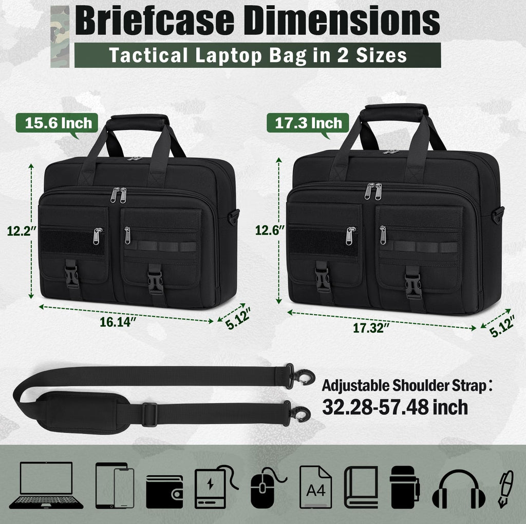 RAINSMORE Tactical Laptop Bag 17.3 Inch Laptop Briefcase Men Business Computer Bag Large Laptop Case Waterproof Military Shoulder Messenger Bag Work Office Travel, Black