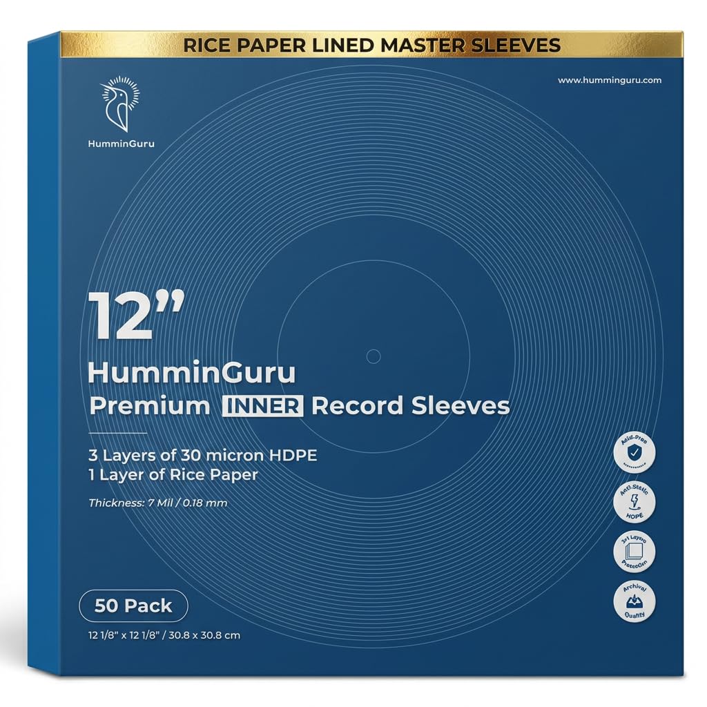 HumminGuru 3-Ply Premium Inner Record Sleeves 12 Inch. Rice Paper Lined Master Sleeve. Anti-Static Vinyl Record Sleeve, Acid-Free Thick HDPE 3+1 Layer in 7 Mil, 50 Pack (12” Premium Inner Sleeves)