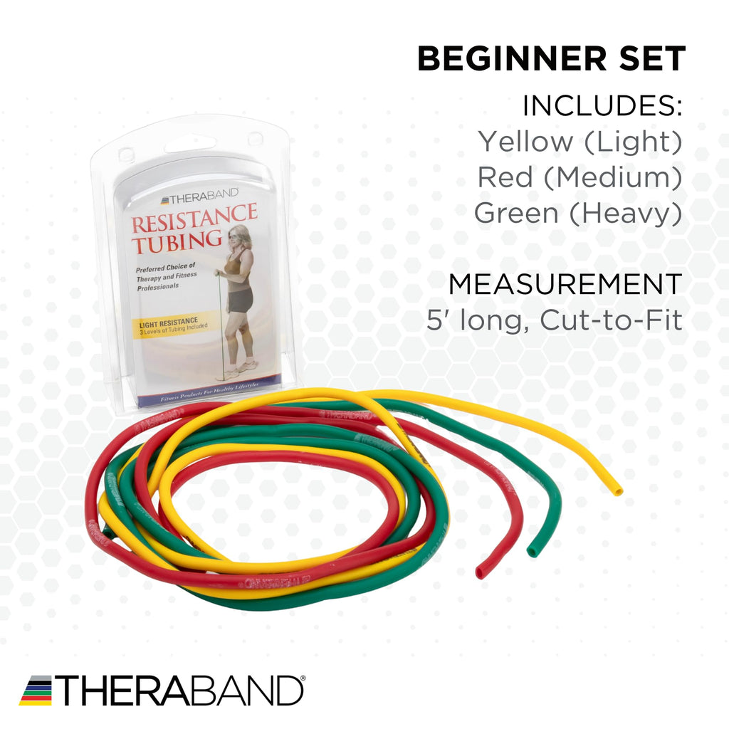 TheraBand Resistance Tubes, Professional Latex Elastic Tubing, Upper & Lower Body, Core Exercise, Physical Therapy, Lower Pilates, At-Home Workouts, & Rehab, 5 Foot, Yellow, Red, & Green, Beginner Set