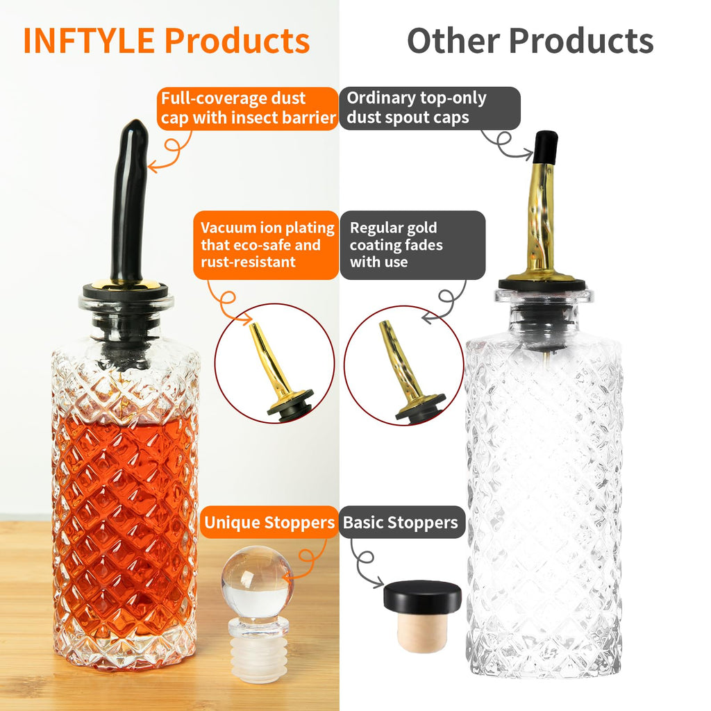INFTYLE Coffee Syrup Dispenser Olive Oil and Vinegar Glass Bottle Set of 6 Ideal for Kitchen, Coffee Bar, Clear Simple Small Syrup Bottles, with Leak-Proof Lids, Pour Spout, Glass Stopper