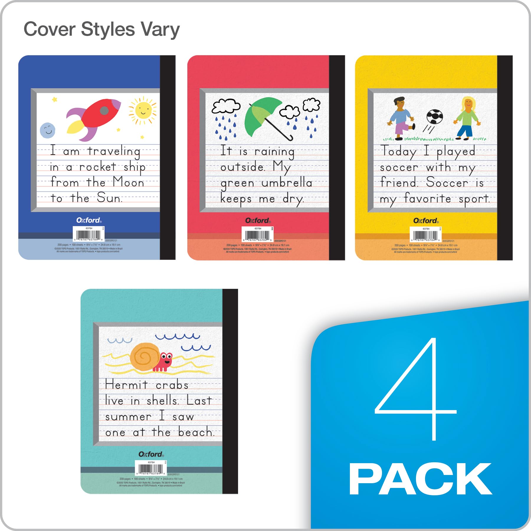 Oxford Primary Composition Notebooks for School, Kids Handwriting & Drawing Story Journals, Primary Ruled with Dotted Midline, Grades K-2, 9-3/4" x 7-1/2", 100 Sheets, 4 Pack, Assorted Covers