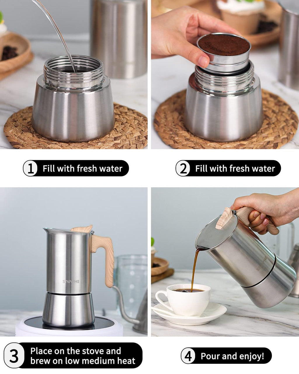 Sivaphe Induction Moka Pot Stainless Steel Stovetop Espresso Pots Strong Coffee Maker 4 Cup /200ml
