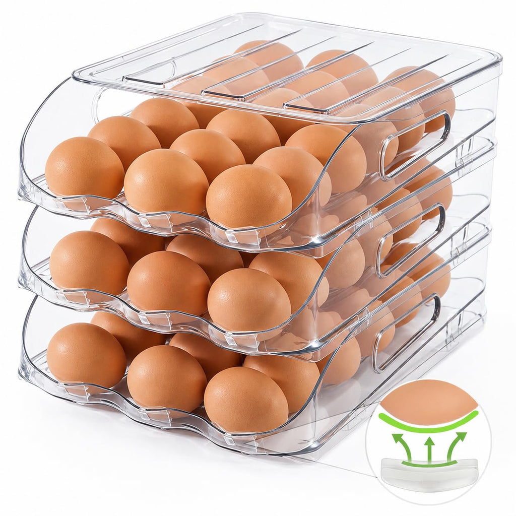 SMRCAD Egg Holder for Fridge, Automatic Stable Rolling Egg Dispenser with Handle & Silicone Pad for Refrigerator, Large Capacity Egg Organizer with Lid