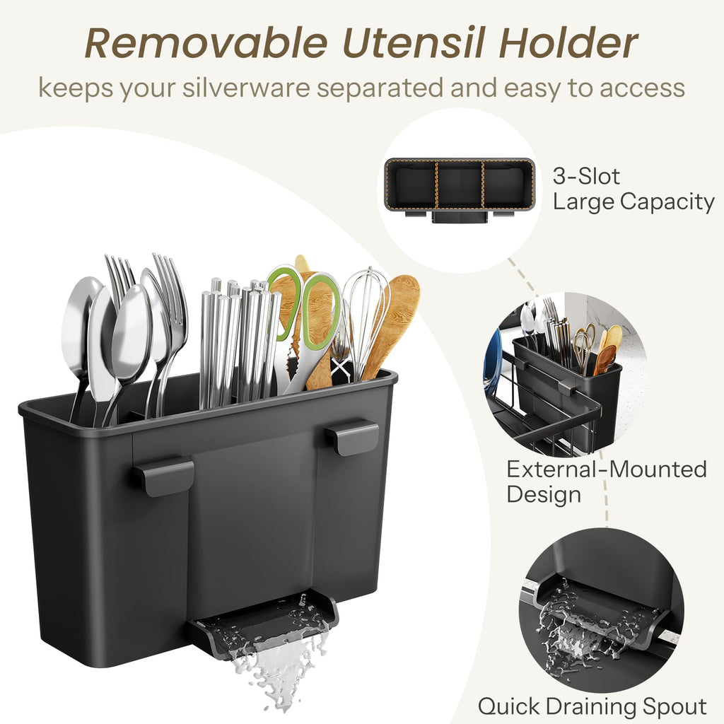Dish Drying Rack - Small Dish Rack for Kitchen Counter, Stainless Steel Dish Drainer with Utensil Holder and Drainboard (Black)