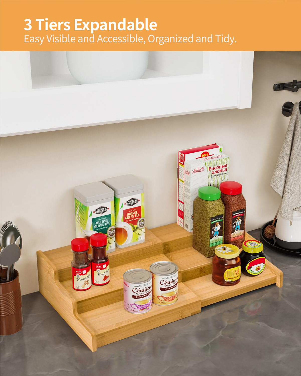 3-Tier Expandable Bamboo Spice Rack Organizer for Kitchen Cabinet & Pantry - Adjustable Wooden Storage Shelf, Countertop or Drawer Spice Rack for Canadian Kitchen